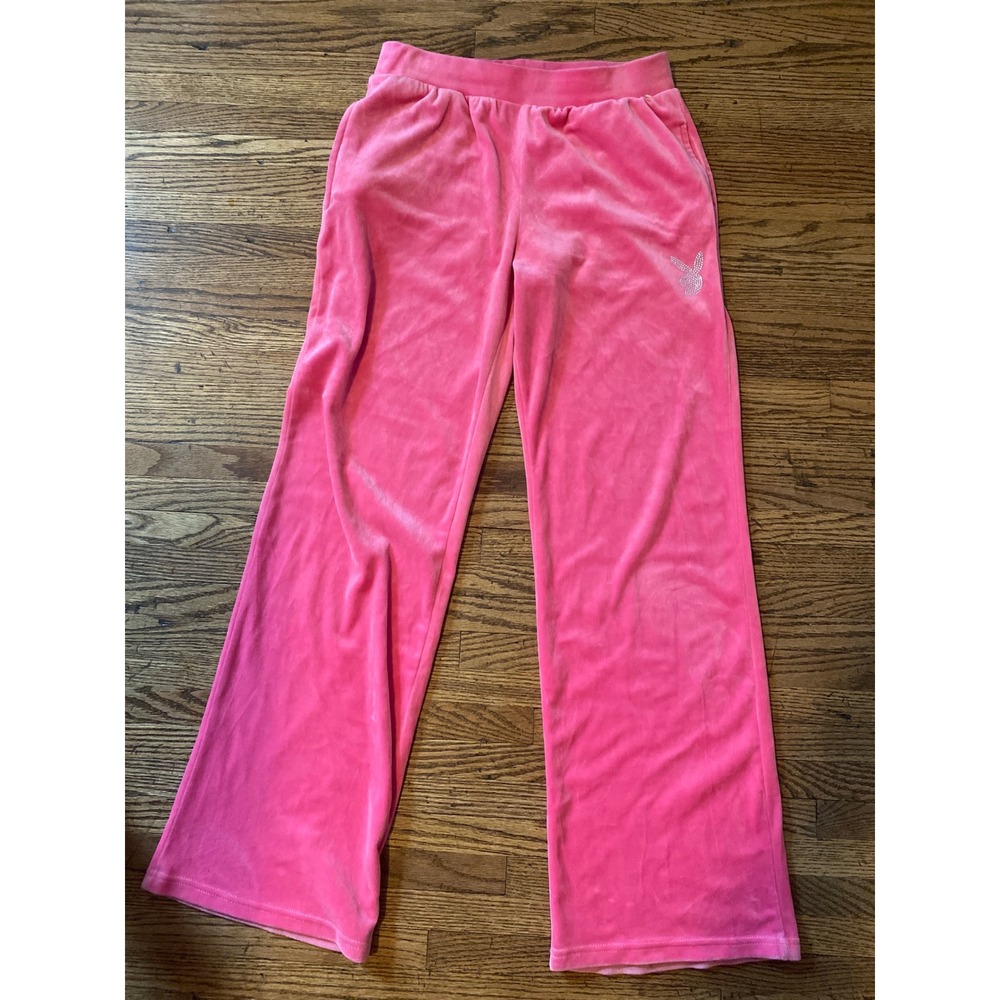 Playboy Pink Velour WideLeg Rhinestone LogoSweatpants Joggers Womens Size Medium